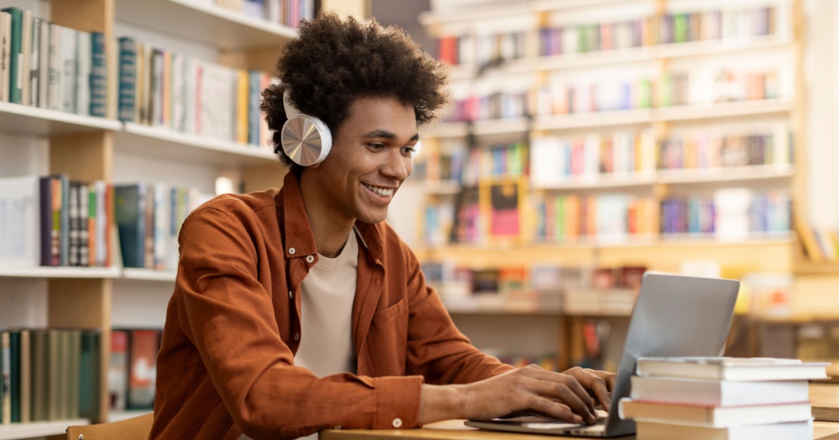 college student studying in library